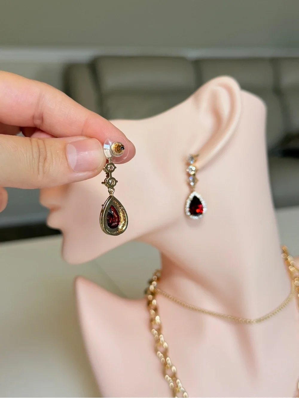 Gold Garnet Teardrop Drop Earrings with Zirconia